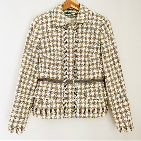 Allen by Allen Schwartz Tan Ivory Houndstooth Tweed Beaded Fringed Blazer 4 - Picture 1 of 15